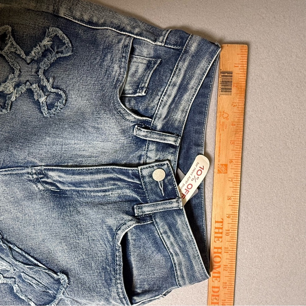 ROWME JEANS Patched Grunge Punk Letter Pattern Distressed Wide Leg Baggy 2 XS - Picture 8 of 11
